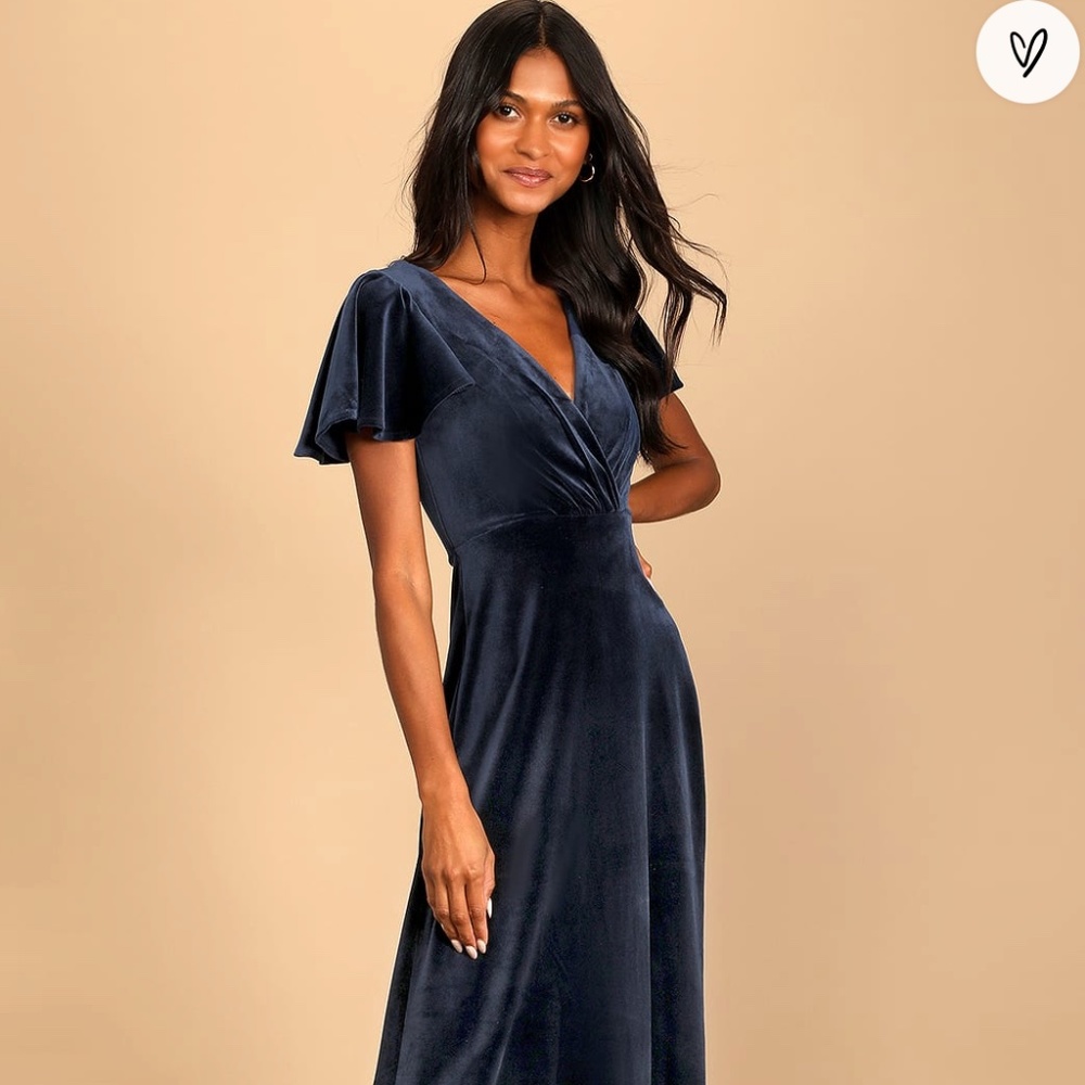 Absolutely Amazed Navy Blue Velvet Flutter Sleeve Maxi Dress